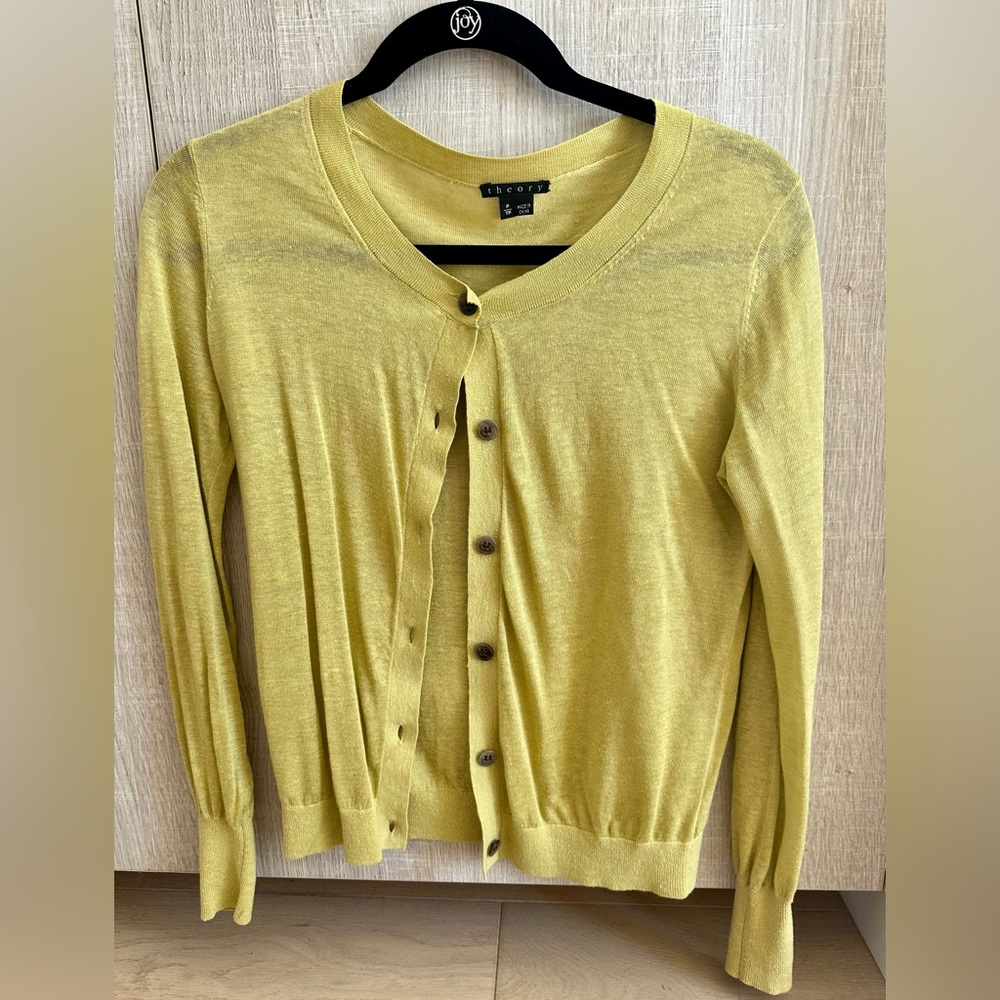 Theory Chartreuse Round-Neck Linen-Blend Cardigan, Size P